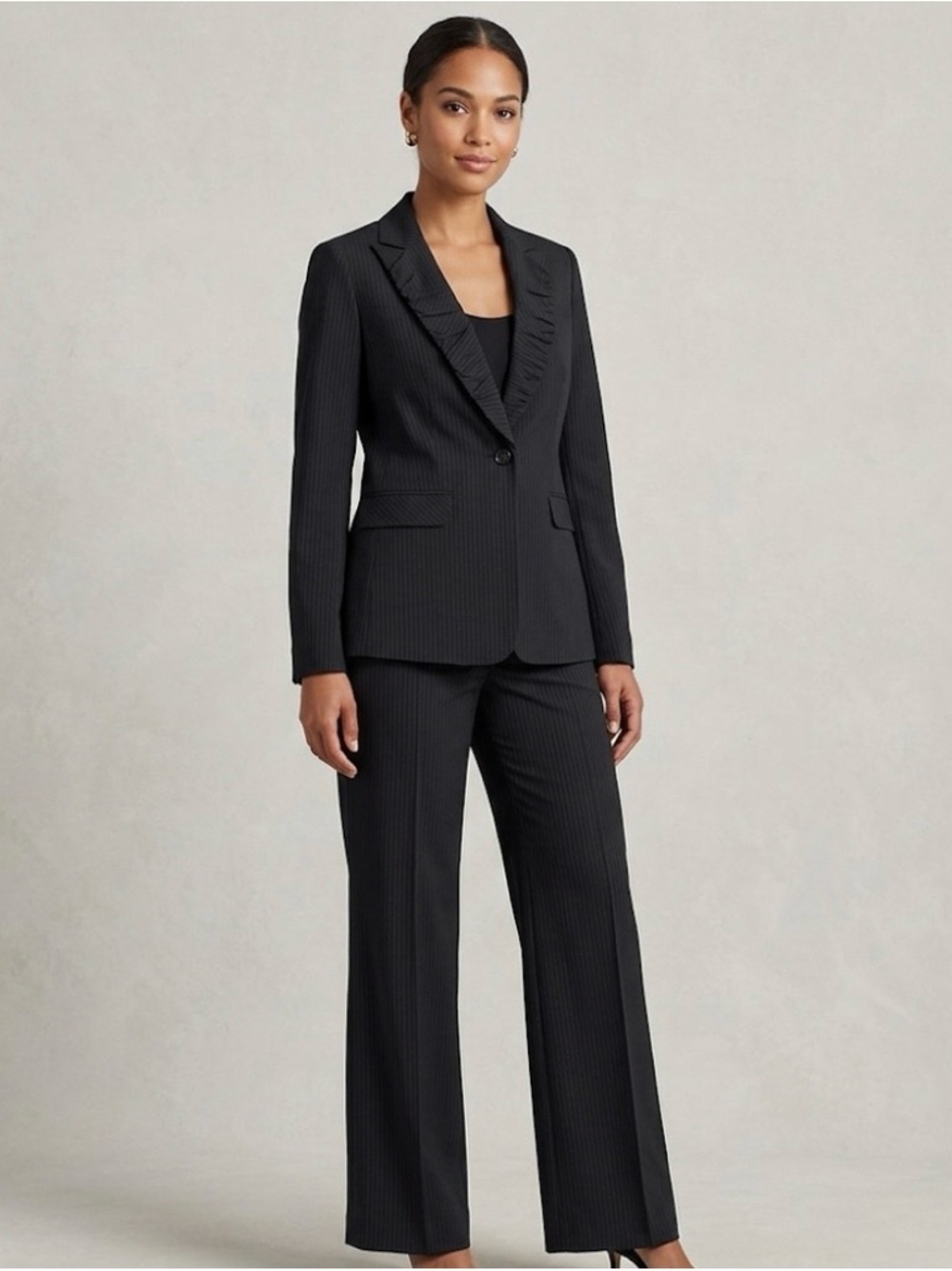 CAbi Elegant Black Pantsuit with Ruffle Trim